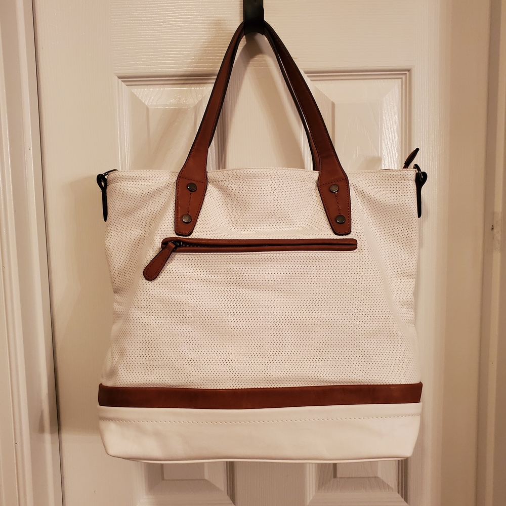 Marc Picard- White & Brown- Perforated - Faux Leather - Tote